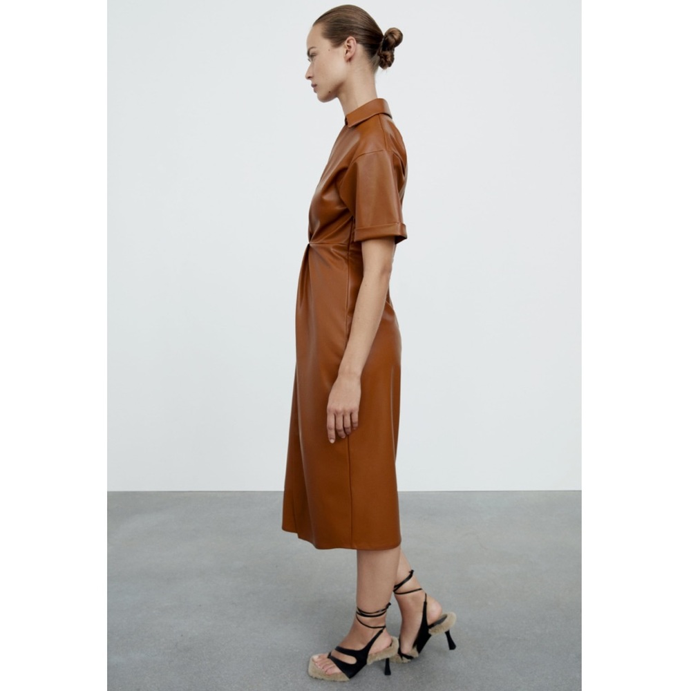 Zara Brown Faux Leather Faux Wrap Shirt Dress - Picture 12 of 16